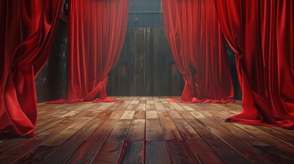 Red curtain opens on empty theater stage with wooden plank floor, 3d rendering. generative AI image
