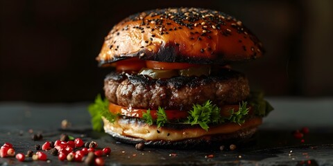 An unpalatable burnt burger with charred ingredients and unhealthy meat. Concept Food Photography, Unappetizing Dish, Burnt Burger, Charred Ingredients, Unhealthy Eating - obrazy, fototapety, plakaty