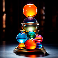 A stack of colorful glass, spheres sitting on top of each other