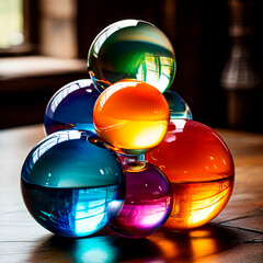A stack of colorful glass, spheres sitting on top of each other