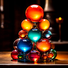 A stack of colorful glass, spheres sitting on top of each other