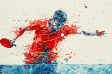 Red watercolor painting of table tennis player in action on match