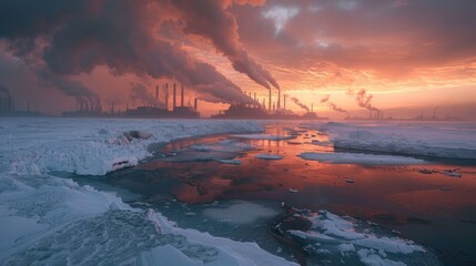 Stark visual of industrial emissions over a melting icy landscape at sunset. - obrazy, fototapety, plakaty