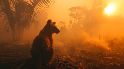 Silhouette of a lone animal during a devastating wildfire, surrounded by an orange haze.