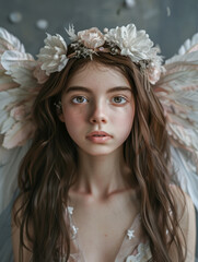This serene portrait of a young girl features angelic wings and an elegant floral crown