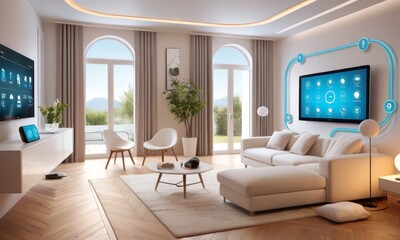 Fototapeta premium An elegant living room featuring a sophisticated smart TV system is showcased in this image, along with stylish furnishings and a large window with a picturesque view. AI generation