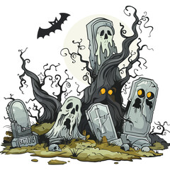 A spooky graveyard with tombstones and ghosts. clipart