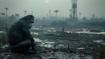 Solitary chimpanzee sitting in the aftermath of a devastating forest fire.