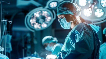 A surgeon performing a delicate operation in a well-lit operating room.