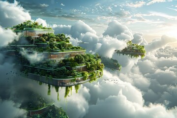 A futuristic concept of a floating city with lush greenery above the clouds