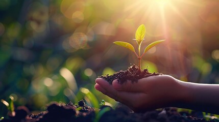 A gentle hand cradles a young plant seedling bathed in sunlight symbolizing care