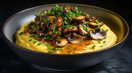 A comforting bowl of creamy polenta topped with sauted - obrazy, fototapety, plakaty