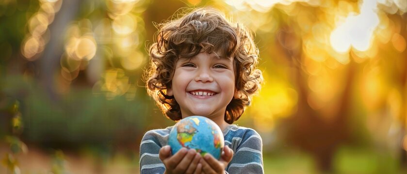 A joyful child holding a small globe in his hands with a beaming smile