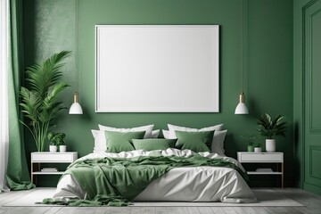 Green bedroom interior space with mock up poster on wall background. Interior of a bedroom. 3d render