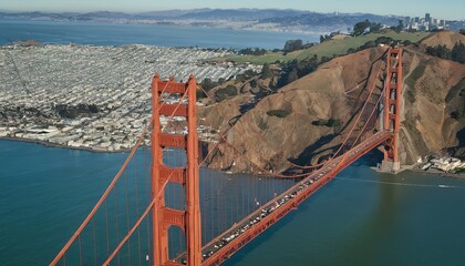 An aerial view of the Golden Gate Bridge in San Francisco on a sunny day
