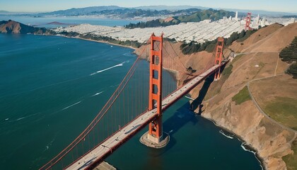 An aerial view of the Golden Gate Bridge in San Francisco on a sunny day