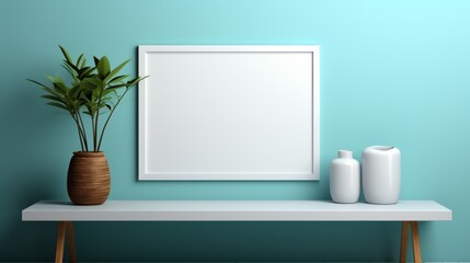 A white framed picture sits on a shelf next to a vase and a plant