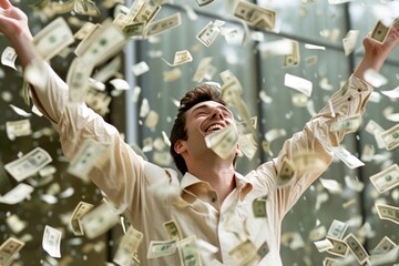 A man in euphoria as hes surrounded by a windfall of flying money - obrazy, fototapety, plakaty