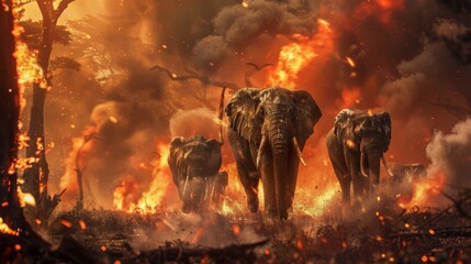 Family of elephants fleeing through a fiery forest, conveying the raw power and fragile existence of wildlife; Concept of environmental crisis, wildlife endangerment, and nature's resilience..