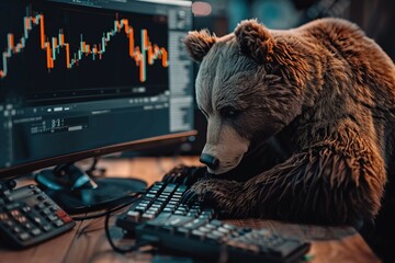 A Metaphorical representation of a bear market with a bear analyzing stock market trends on a computer. - obrazy, fototapety, plakaty