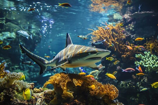 A Majestic shark swimming with tropical fish in a colorful coral reef underwater environment.