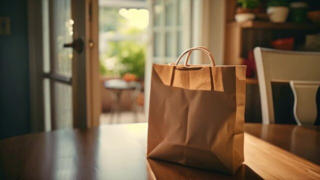 Paper bag with grocery order in front of the door.,Delivery