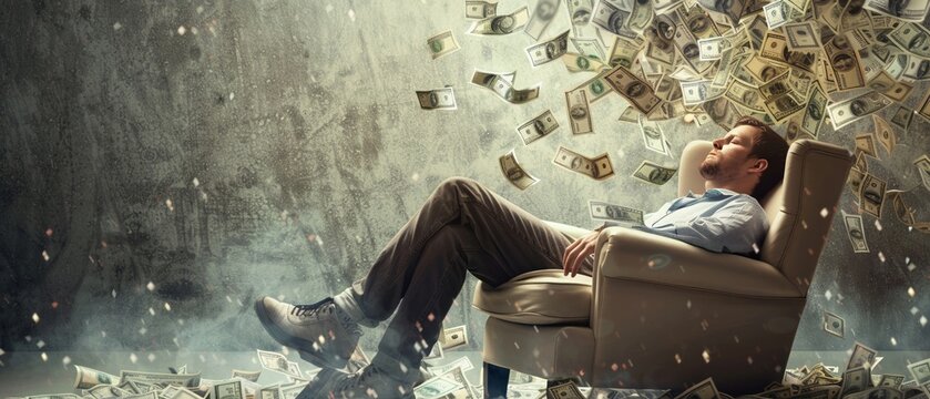 A man lounges confidently in an armchair as a torrent of dollar bills rains down around him