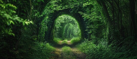 A Mystical green tunnel through dense forest foliage