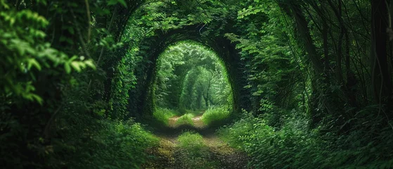 Cercles muraux Route en forêt A Mystical green tunnel through dense forest foliage