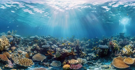 A Panoramic Coral Reef and Marine Life Underwater