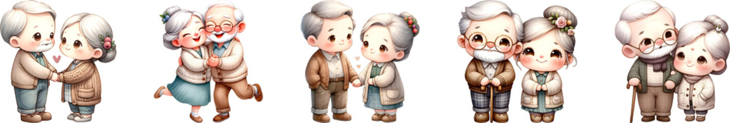 Watercolor of grandparents cute cartoon couple in love.
