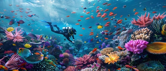 Naklejka na ściany i meble A Scuba diver amidst a stunning array of coral and fish in a lively underwater reef scene.