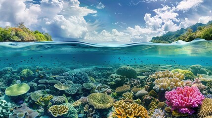 Fototapeta na wymiar A split view of a vibrant coral reef ecosystem both above and underwater