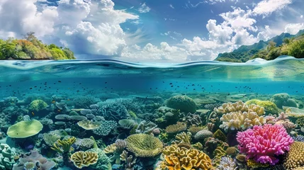 Foto op Plexiglas A split view of a vibrant coral reef ecosystem both above and underwater © Creative_Bringer