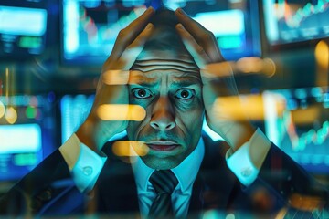 A visibly stressed trader in a suit reacts to the turbulent fluctuations displayed across multiple stock market monitors. - obrazy, fototapety, plakaty