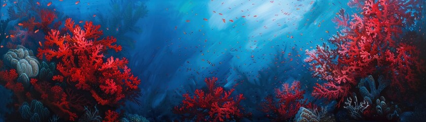 Fototapeta na wymiar A Vivid red coral formations stand out in a deep blue underwater seascape