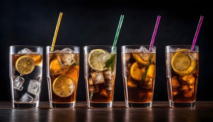 Disign glasses iced tea long island drinks lined on smooth surface  - obrazy, fototapety, plakaty
