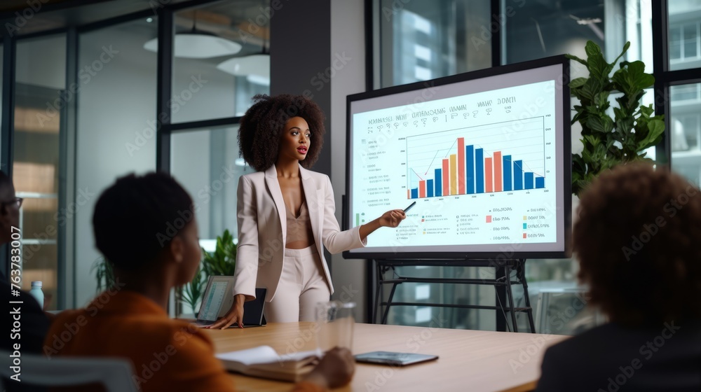 Poster a woman is pointing at a large screen with a graph on it