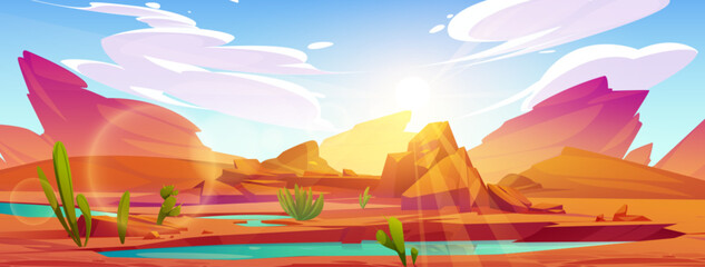 Desert sand landscape with oasis lake, rock cliff mountains and cactus on sunrise. Cartoon vector illustration of hot drought scenery with water and plants under bright sun. Pond in savannah land.