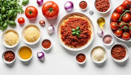 Ingredients for making spaghetti bolognese minced meat onions and tomato sauce over white texture background - obrazy, fototapety, plakaty