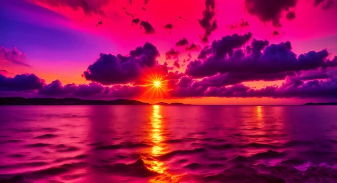 tramonto scenografico sul mare calmo, piccole onde sulla spiaggia, colori accesi viola e arancione 