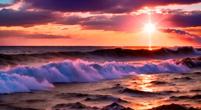 tramonto scenografico sul mare calmo, piccole onde sulla spiaggia, colori accesi viola e arancione 