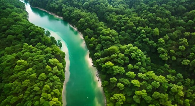 veduta aerea di foresta di conifere , panorama rilassante di alberi visti dall'alto, Volo su una valle di alberi verdi con al centro un fiume dalle acque trasparenti 