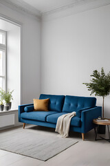 A pastel dark mat blue color sofa against white wall with white ceiling. Scandinavian loft home interior design of modern living room in minimalist studio apartment, near the window