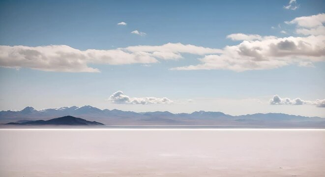 salar de uyuni, lago salato con nuvole che si specchiano nella salina, in lontananza delle montagne, sensazione di calma e tranquillità