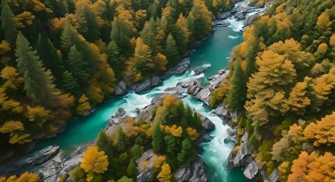 veduta aerea di foresta di conifere , panorama rilassante di alberi visti dall'alto, Volo su una valle di alberi verdi, al centro un ruscello della val Verzasca in svizzera