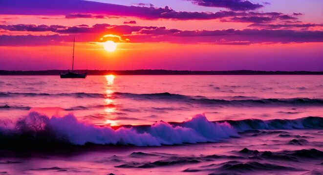 tramonto scenografico sul mare calmo, piccole onde sulla spiaggia, colori accesi viola e arancione 
