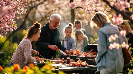 A man, wearing a hat, cooks food on a grill, surrounded by a group of people, sharing a leisurely cooking event under a tree with grassy surroundings. AIG41