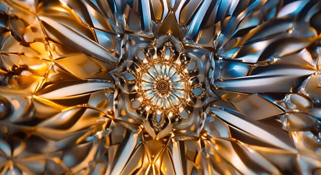 cuore di un fiore di metallo oro e argento che ruota tipo caleidoscopio, mandala o caleidoscopio d'oro e argento