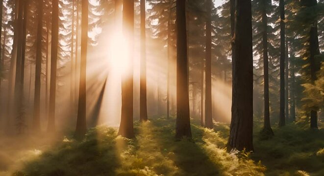 raggi di sole che penetrano nella foresta, leggera nebbiolina data dall'umidità, sfondo mistico della natura, alberi secolari all'alba tra le luci del sole, calma e rilassatezza